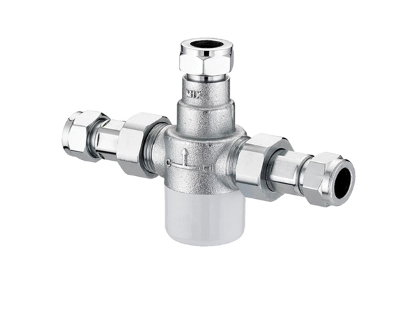 brass mixing valve on a white background