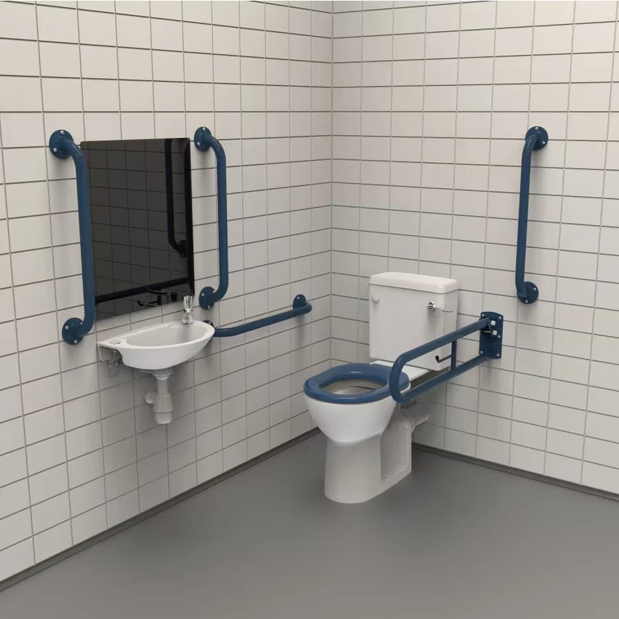 a assisted living tiled bathroom with blue grab rails a toilet & sink