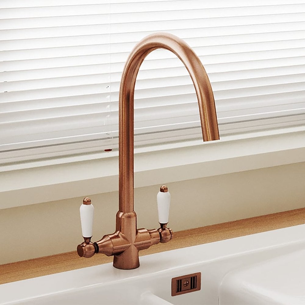 Astini Colonial Ceramic White Handle Twin Lever Kitchen Mixer Tap