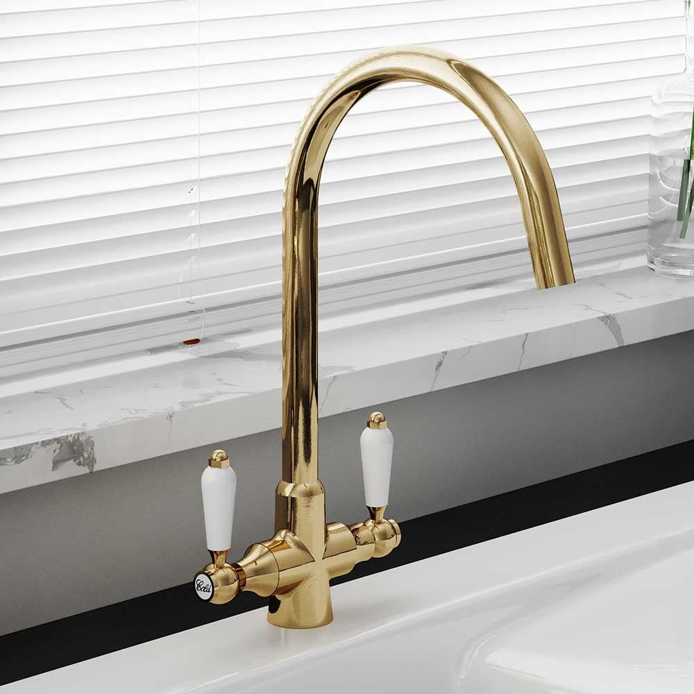 Astini Colonial Ceramic White Handle Twin Lever Kitchen Mixer Tap