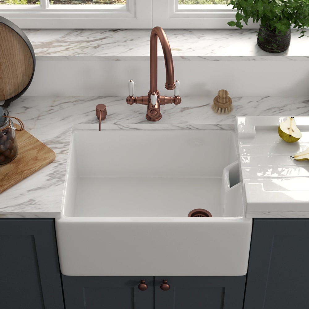 Astini Belfast 100 1.0 Bowl White Ceramic Kitchen Sink with Strainer Waste