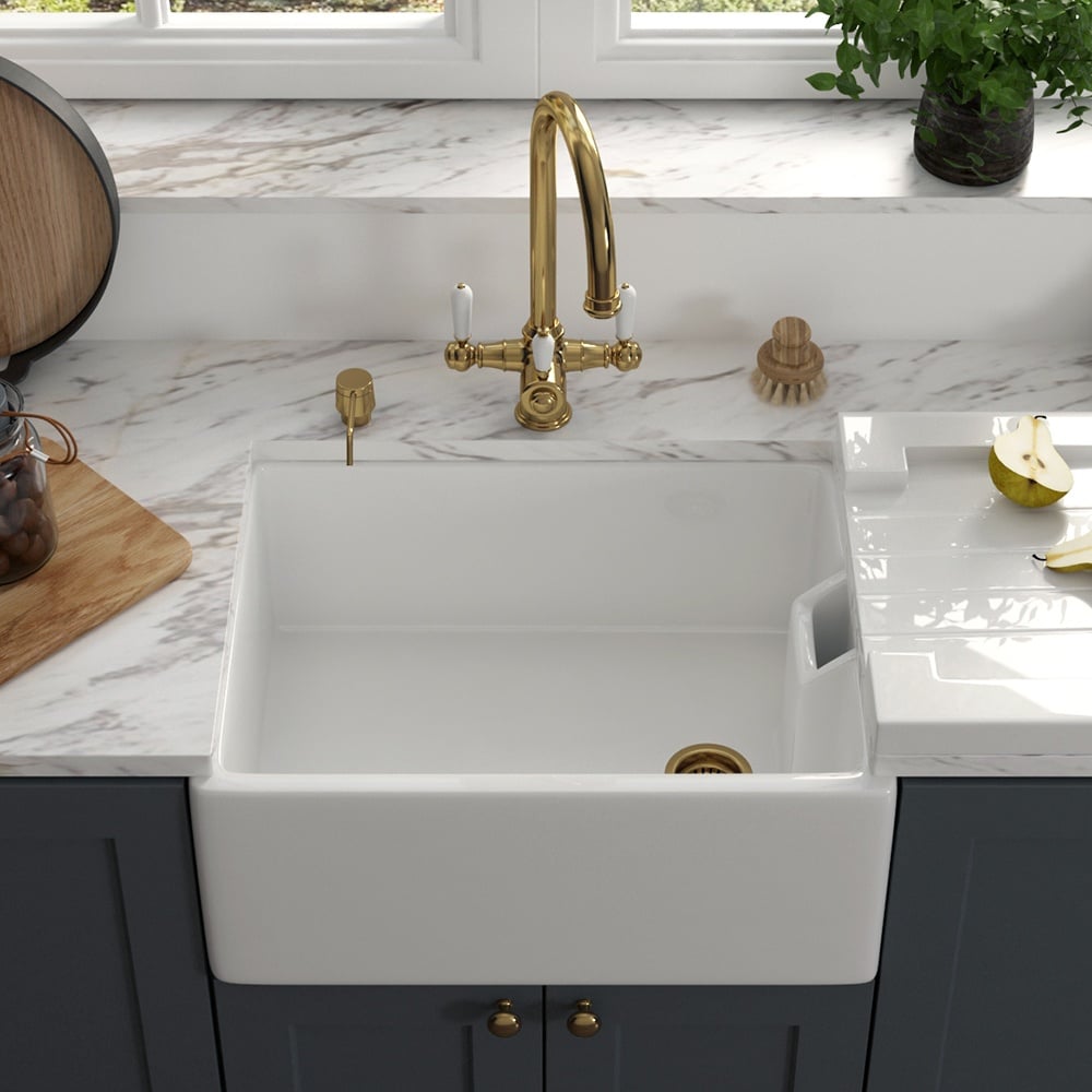 Astini Belfast 100 1.0 Bowl White Ceramic Kitchen Sink with Strainer Waste