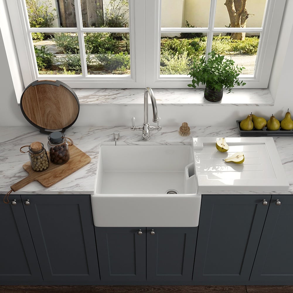 Astini Belfast 100 1.0 Bowl White Ceramic Kitchen Sink with Strainer Waste