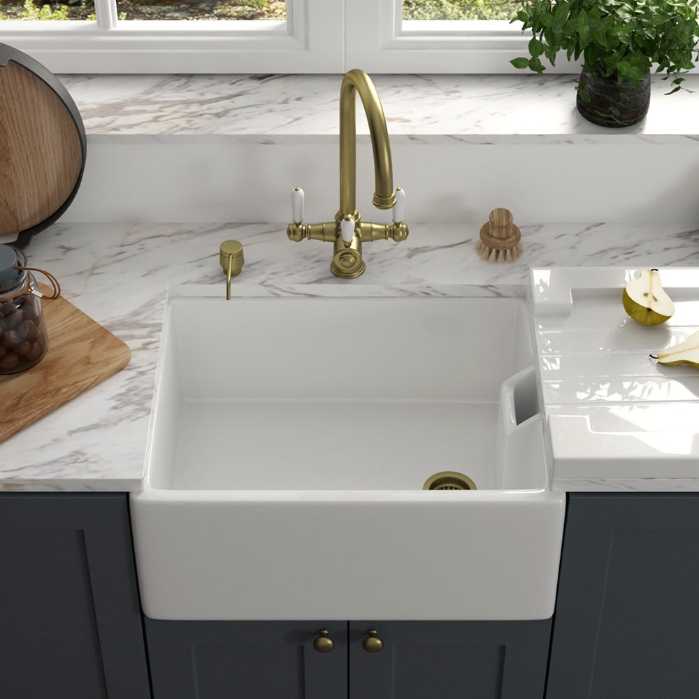 Astini Belfast 100 1.0 Bowl White Ceramic Kitchen Sink with Strainer Waste