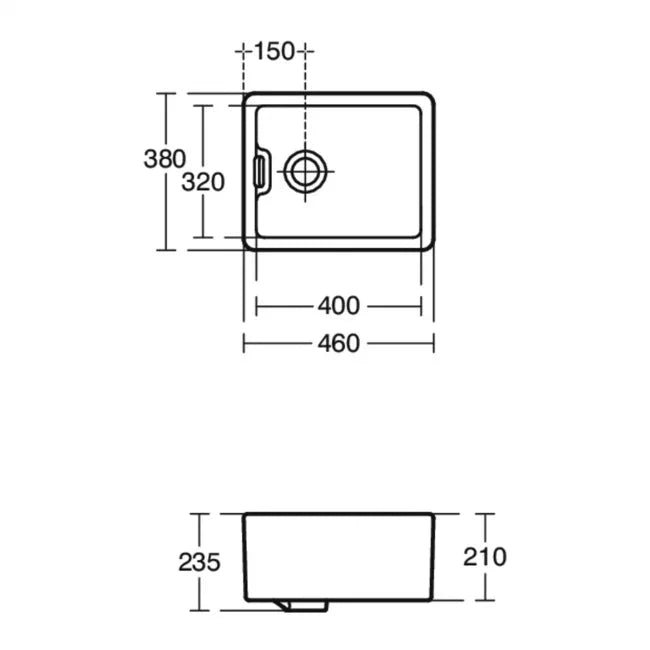 Technical drawing of a rectangular sink with dimensions