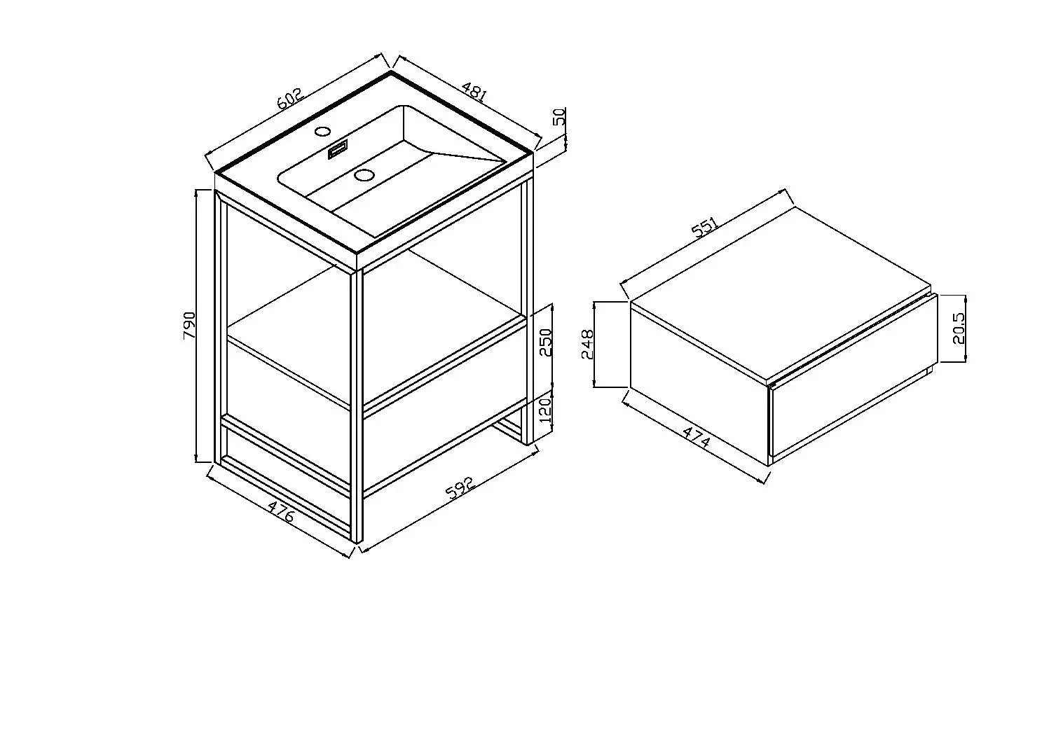 BOHO 600 Floorstanding Black Frame with Drawer Box & Basin-HPS Hartlepool Plumbing Supplies