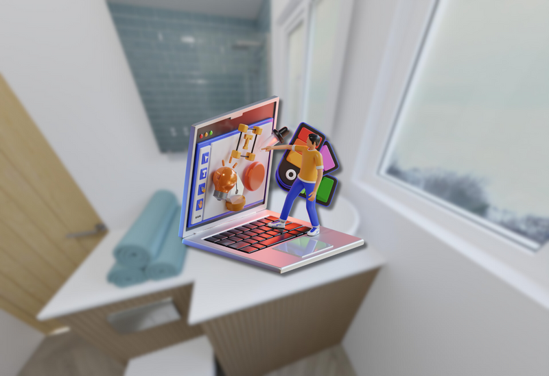 Toy figure of a person using a laptop with a colorful screen in a room.