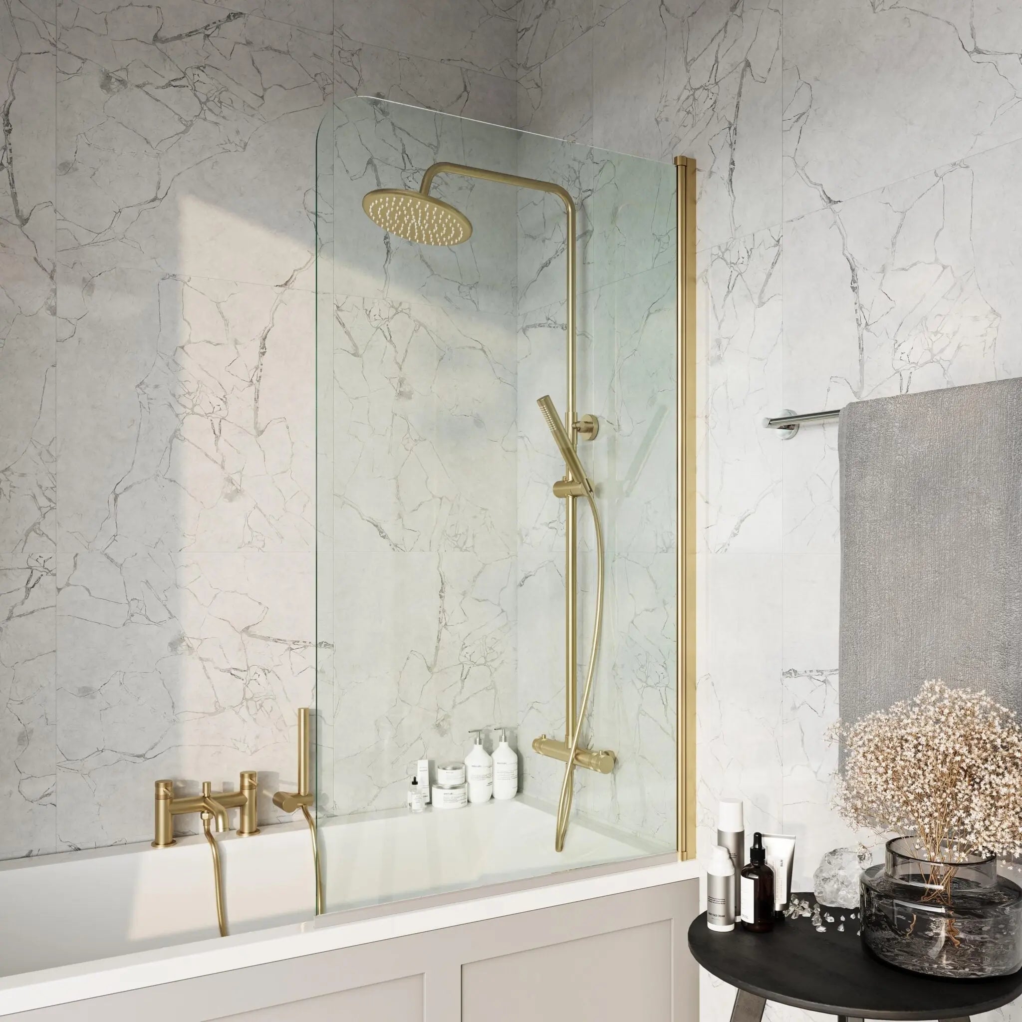 Scudo S6 Brushed Brass Radius Bath Screen HPS Hartlepool Plumbing Supplies