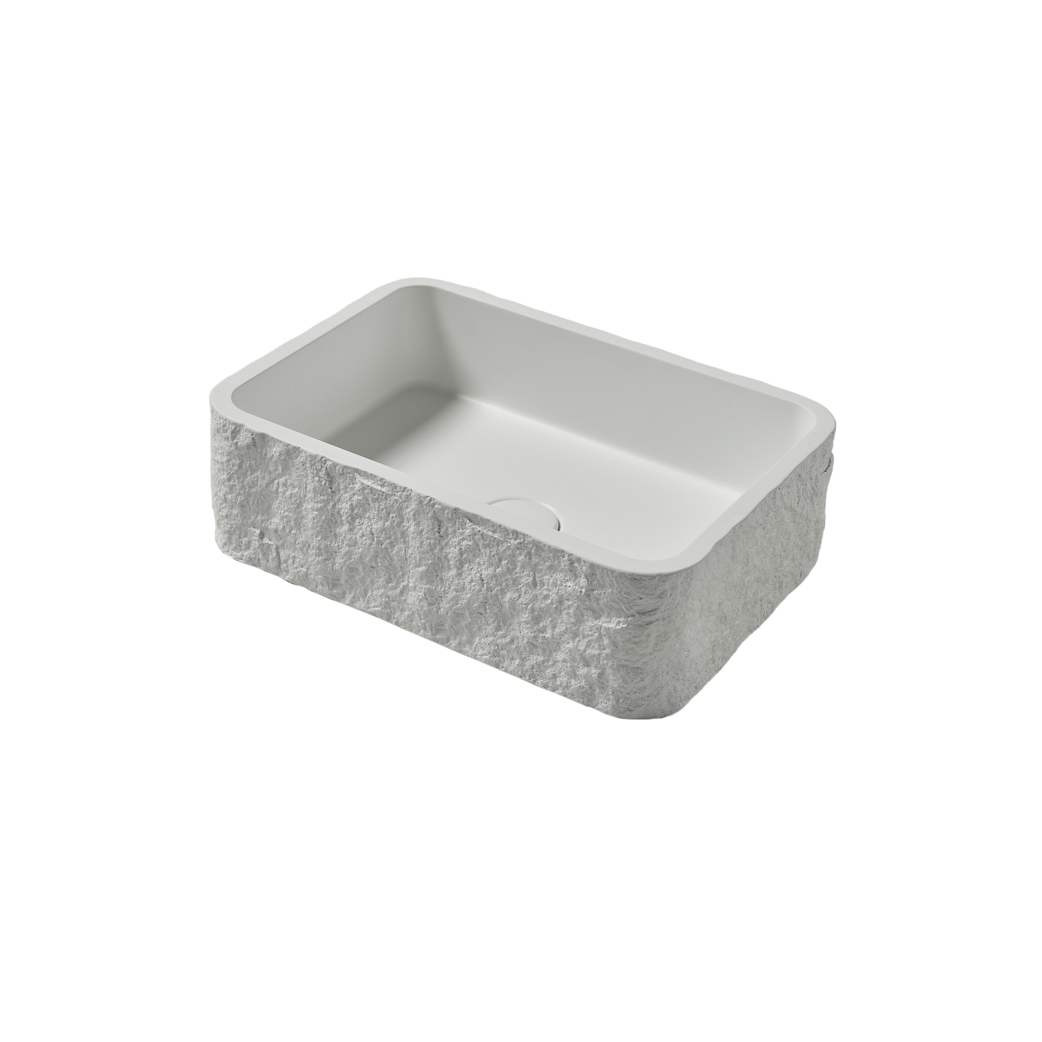 Rectangular polymarble sink with stone-like texture on a white background