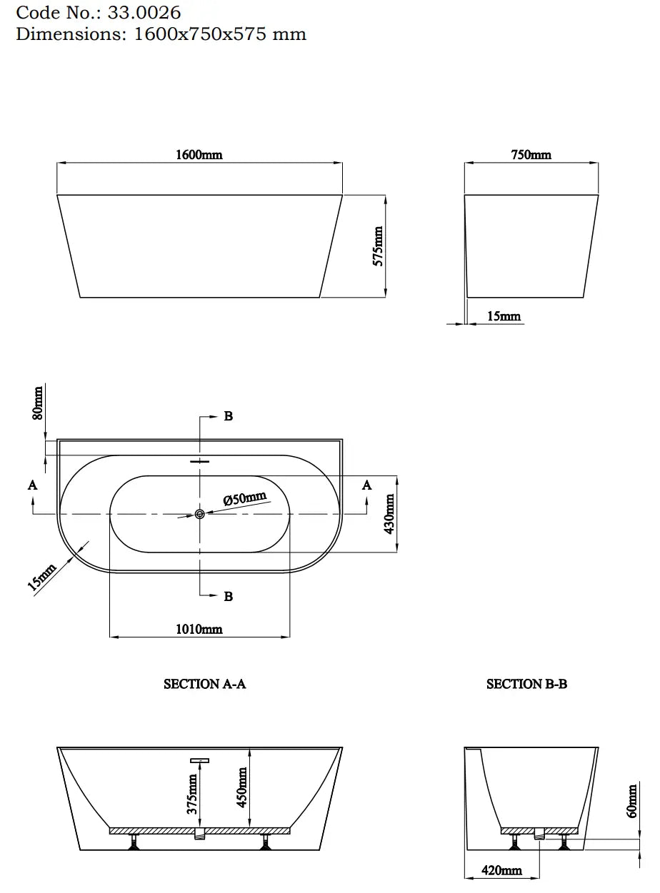 Brockland 1600 x 750 x 575mm (450mm Depth) Freestanding Bath - White HPS Hartlepool Plumbing Supplies