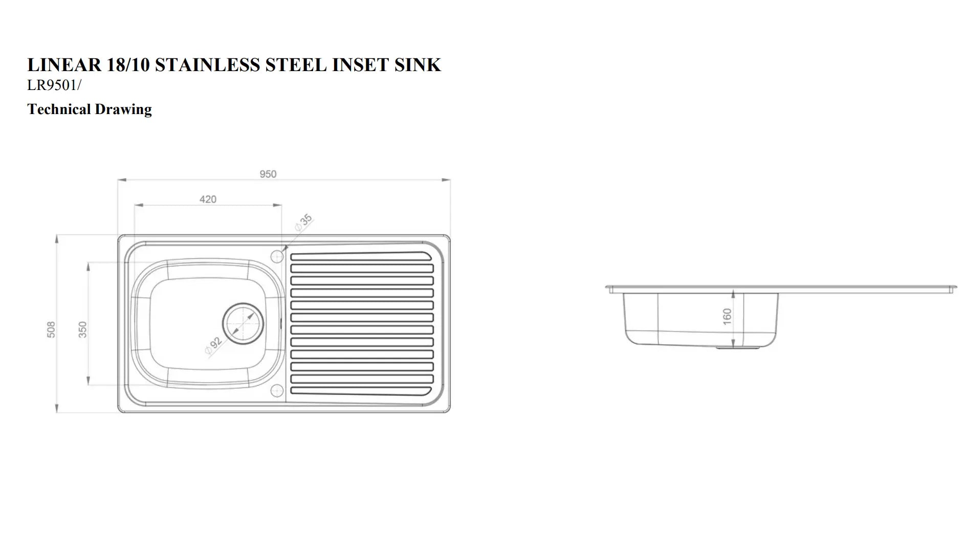 Linear SBSD 1th 950x508mm Sink - Waste Sold Seperately HPS Hartlepool Plumbing Supplies