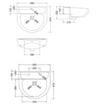 Technical drawing of a sink with dimensions