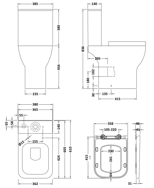 Nuie Ava Open Back Comfort Height Rimless Toilet Set with Seat
