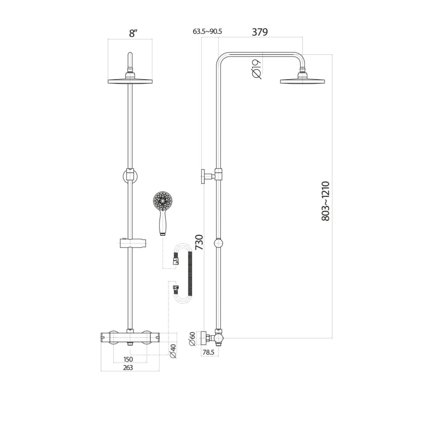 Swan Loughton Column Shower w/ Rail, Hose & Round Head