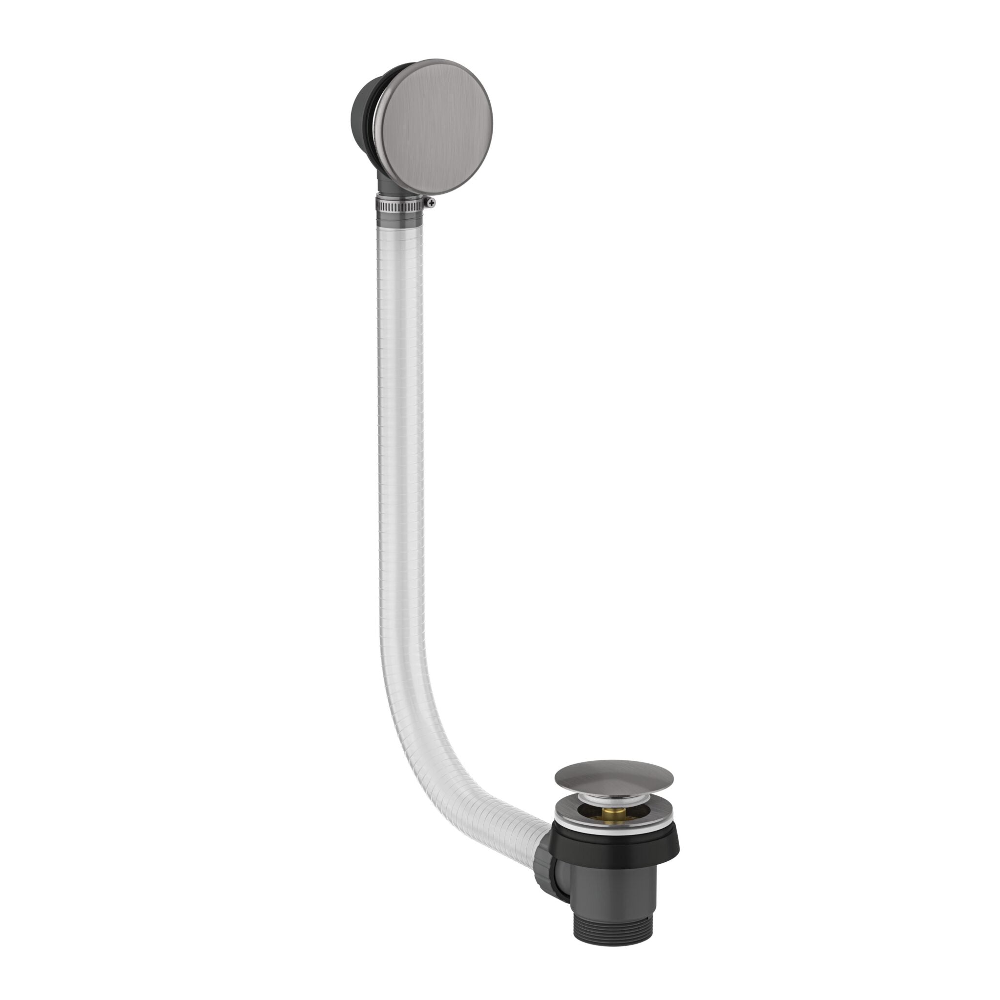 Bathroom sink drain assembly with flexible hose on a white background