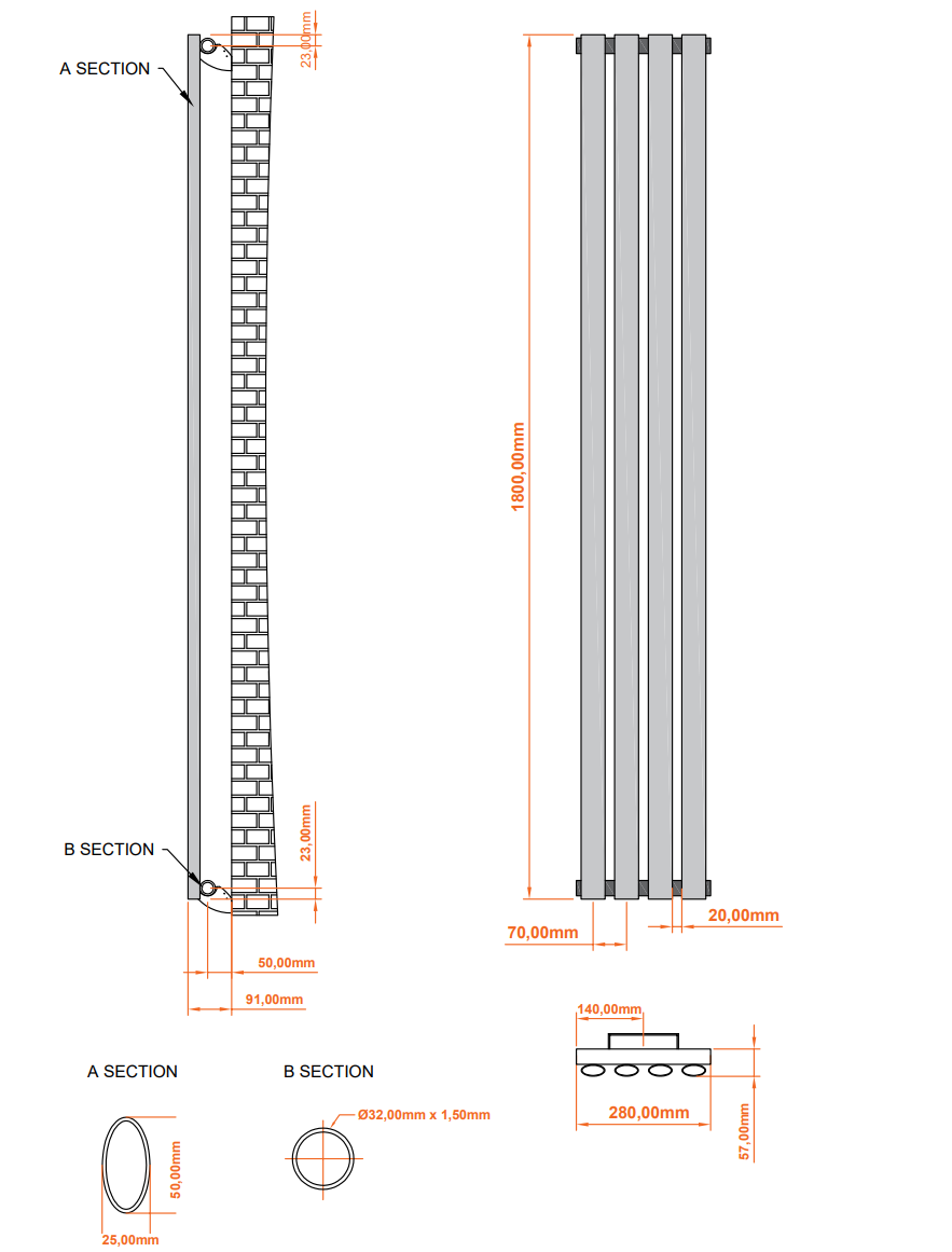 Aqua Moda Steel Vertical Radiator W280 x H1800 4 Bars