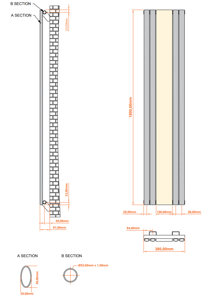 Aqua Moda Steel Vertical Radiator with Mirror W380 x H1800