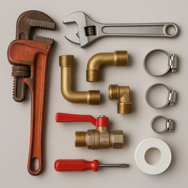 plumbing tools & pipe fixtures arranged neatly on a grey background
