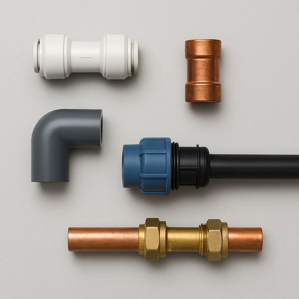 plastic & copper fittings arranged on a light grey background