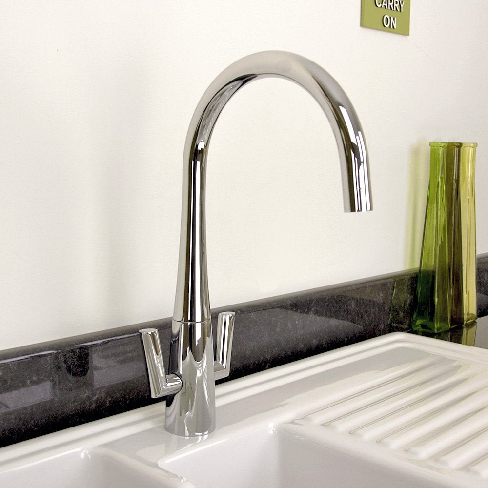 Astini Cosmopolitan Twin Lever Kitchen Sink Mixer Tap with Brushed Steel and Chrome Finish