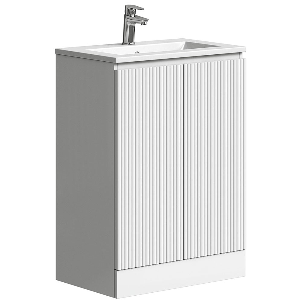 Astini Plumb Essentials 600mm Fluted White Double Door Floor Standing Vanity Unit & Basin