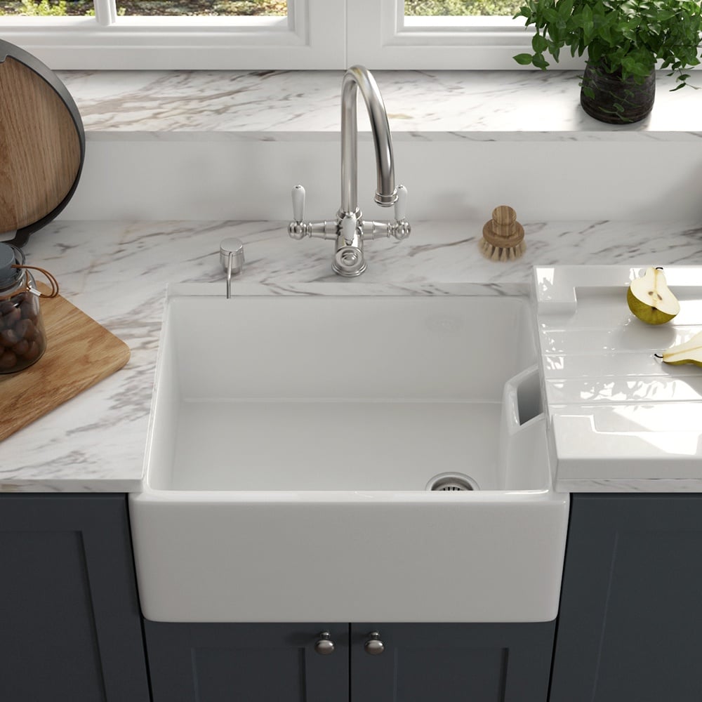 Astini Belfast 100 1.0 Bowl White Ceramic Kitchen Sink with Strainer Waste