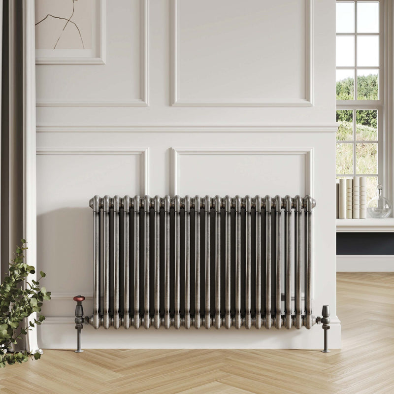 Decorative radiator on a white wall in a room with a window and plant.