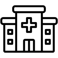 Outline of a hospital building with a cross symbol on a white background