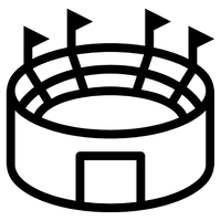 Black and white icon of a stadium with flags on a white background
