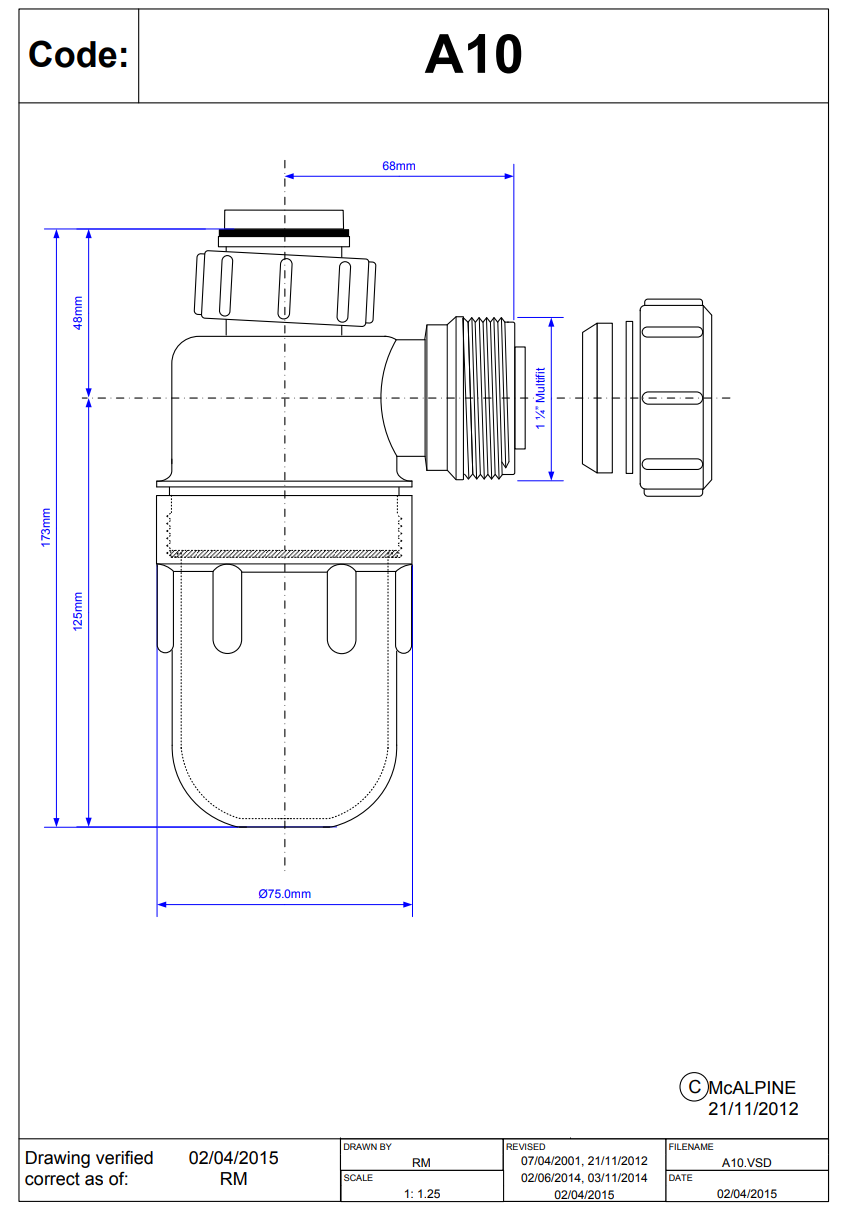A10 1 1/4" 32mm Bottle Trap McAlpine Mcalpine