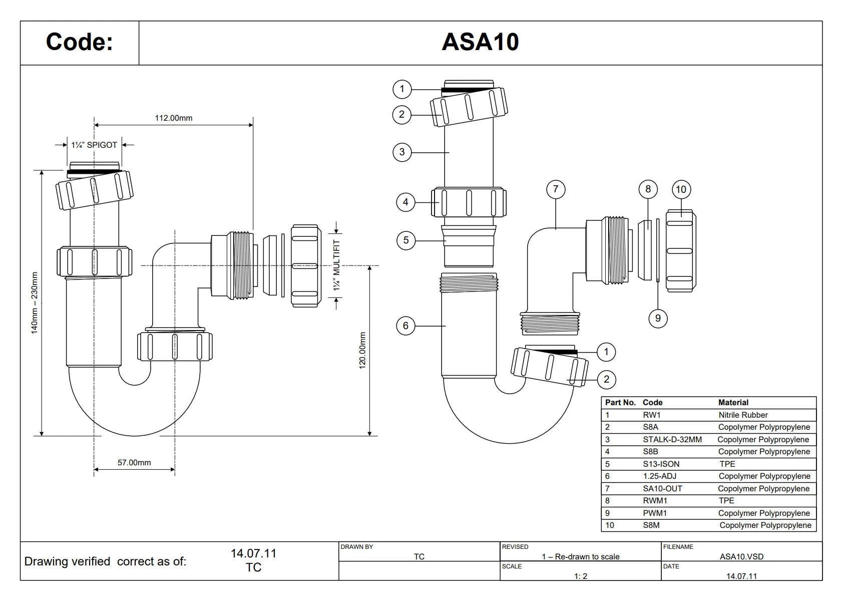 ASA10 1 1/4" 32mm Adjustable Inlet Tubular Swivel ‘P’ Trap McAlpine Mcalpine