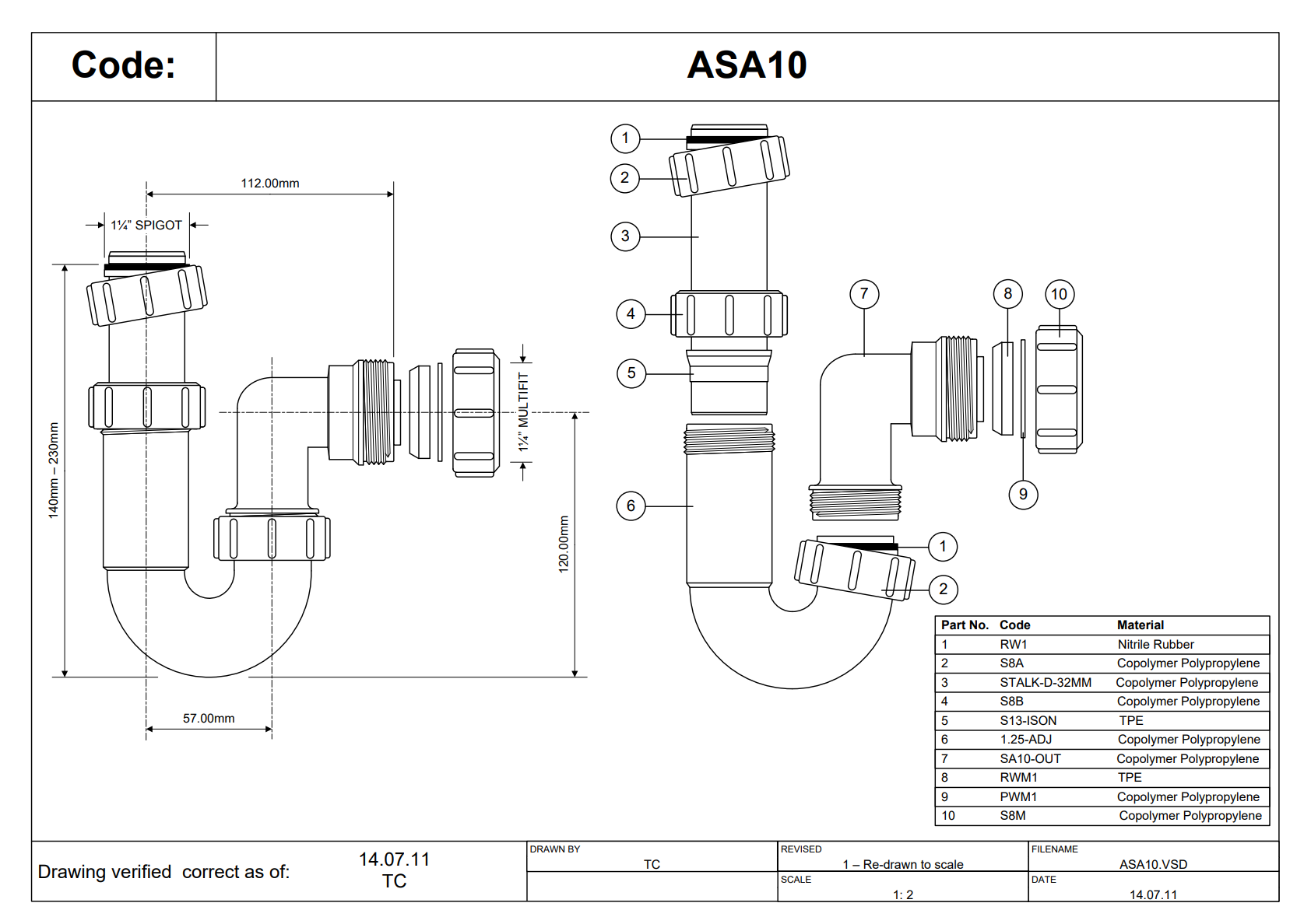 ASA10 1 1/4" 32mm Adjustable Inlet Tubular Swivel ‘P’ Trap McAlpine Mcalpine
