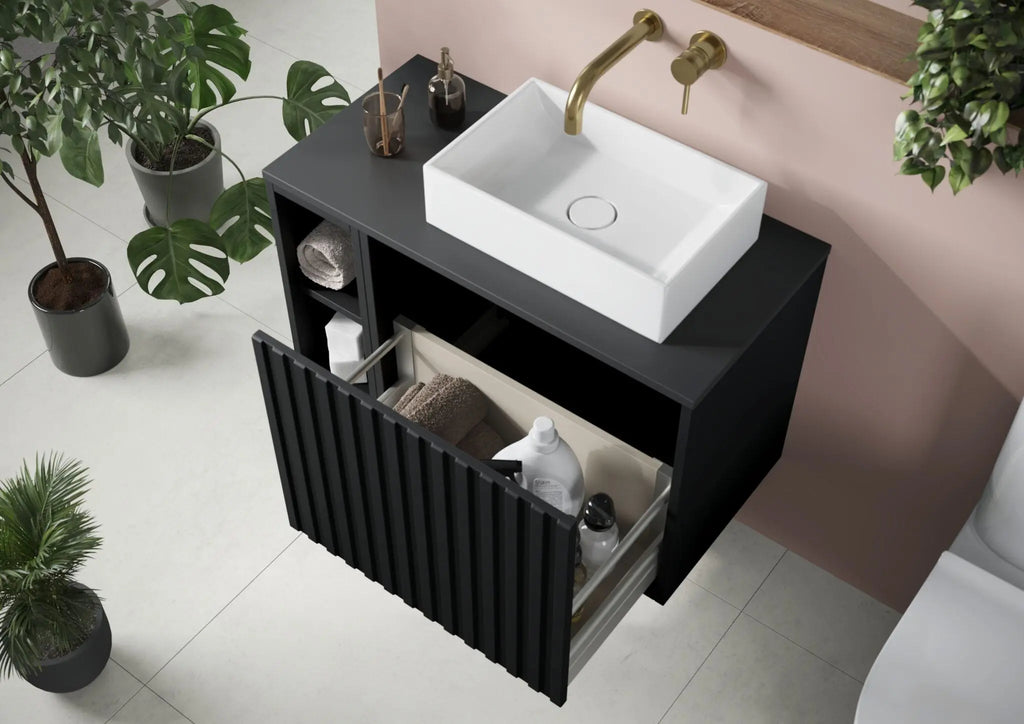 Alfie 800 Wall Mounted Cabinet with Fluted Door, Side Storage & Worktop HPS Hartlepool Plumbing Supplies