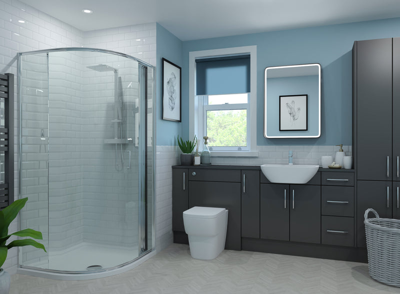 Modern bathroom withblue walls & white tiles a shower, sink, and cabinets