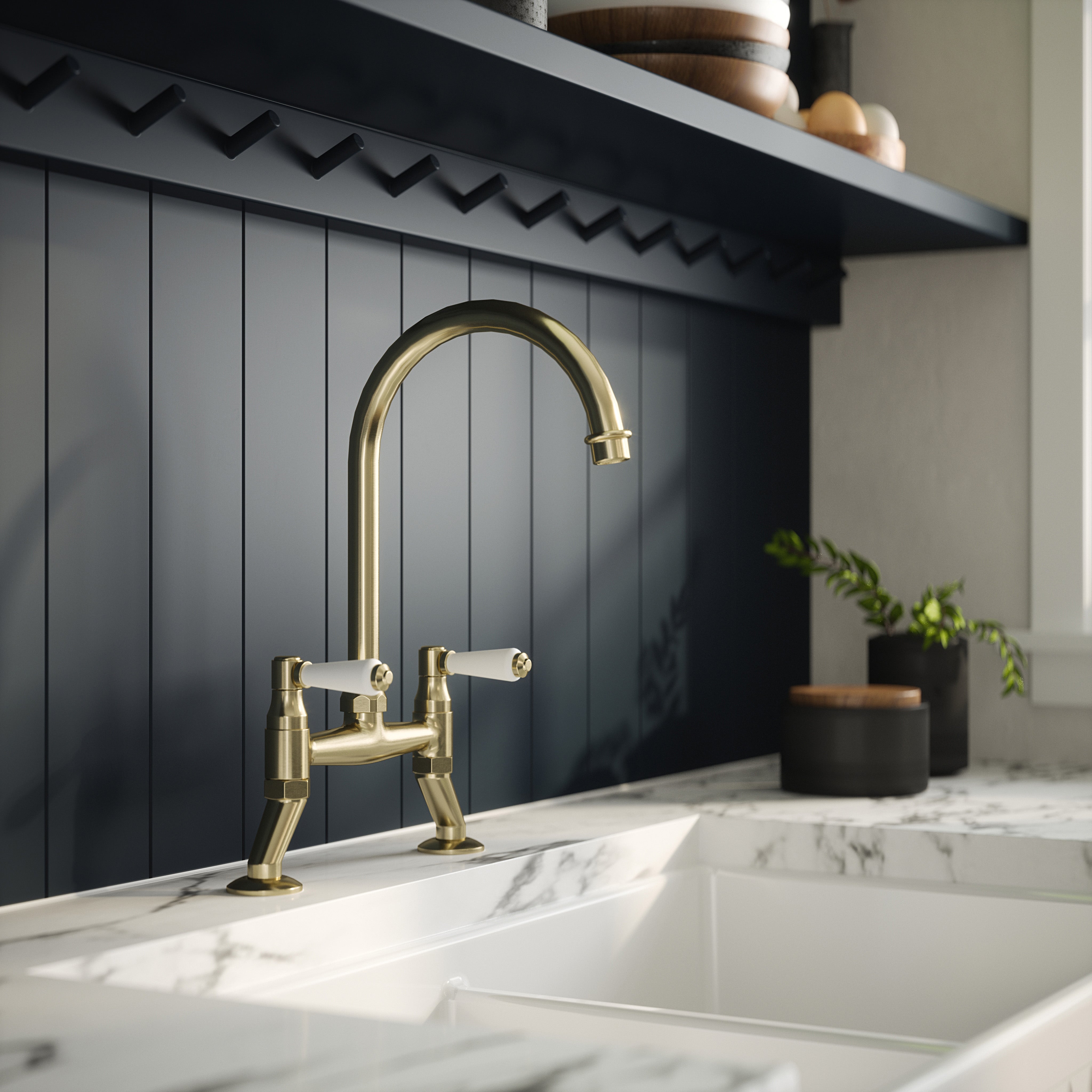 Astini Provencale Traditional Twin Lever Bridge Kitchen Mixer Tap with Ceramic Handles