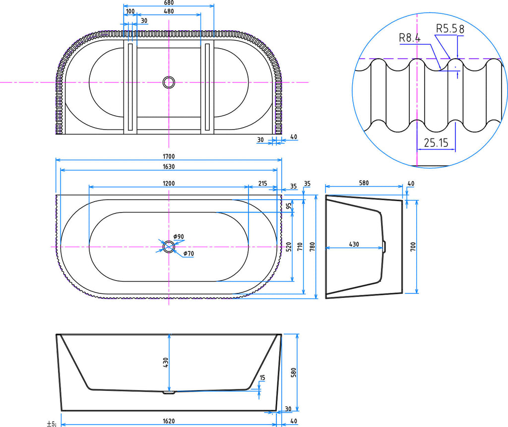 LABYRINTH Fluted Back To Wall Bath White 1700 x 780 HPS Hartlepool Plumbing Supplies