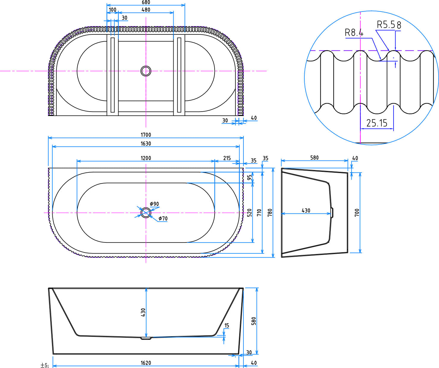 LABYRINTH Fluted Back To Wall Bath White 1700 x 780 HPS Hartlepool Plumbing Supplies