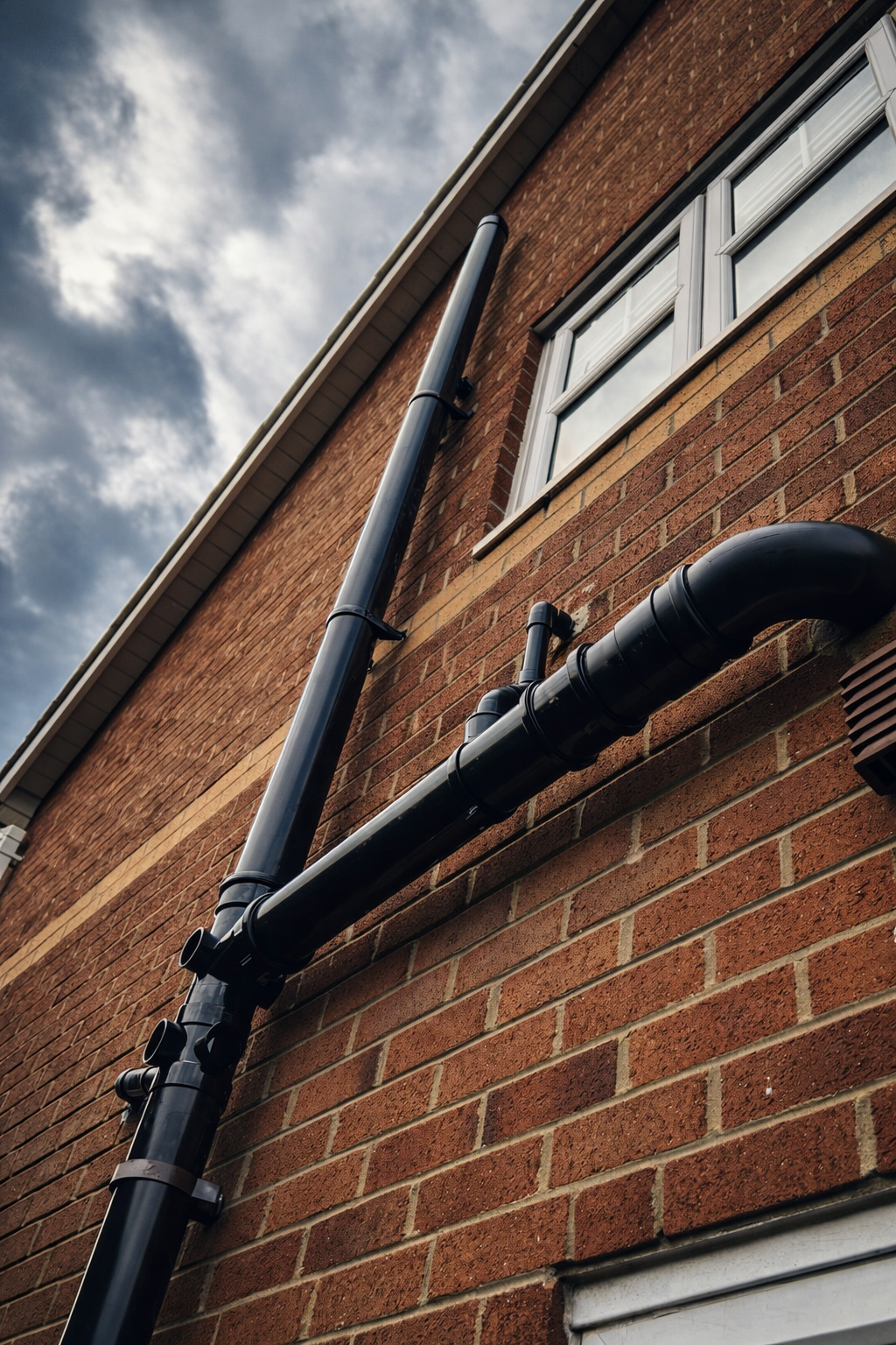 Black pipes running along a brick building with a window above.