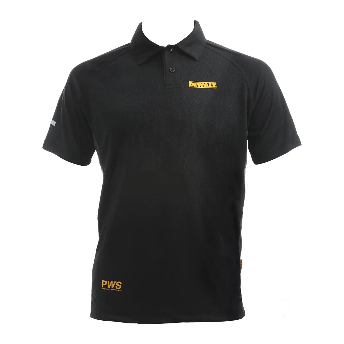 Black polo shirt with yellow logos on a white background