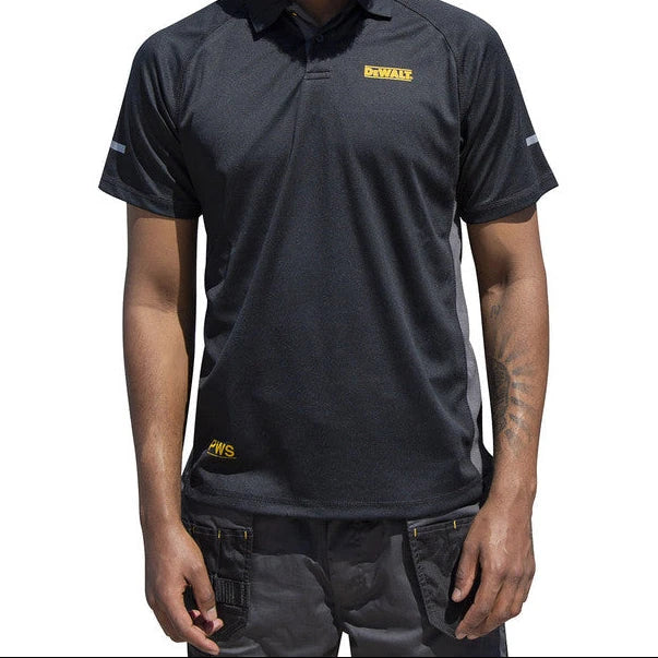 Person wearing a black shirt with a yellow logo on a white background