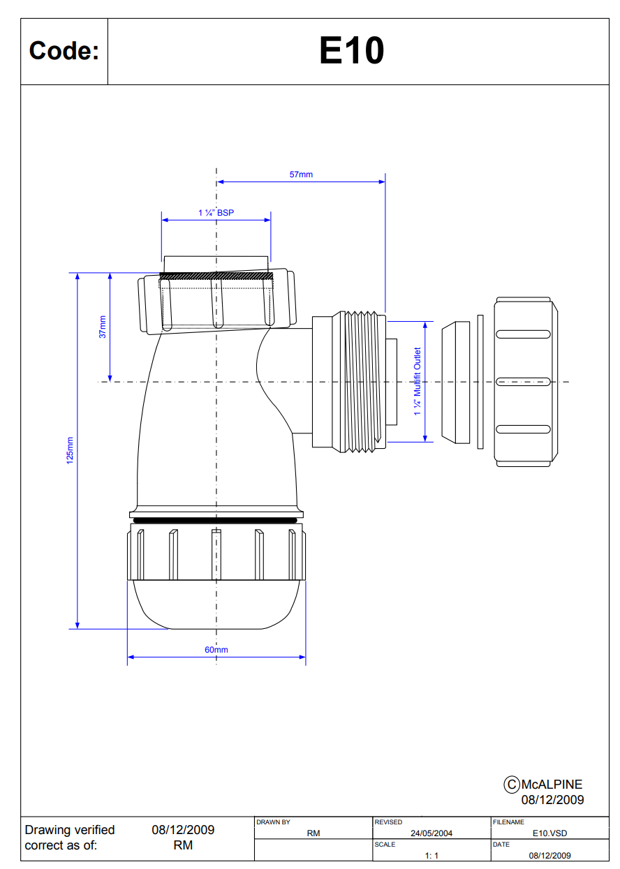E10 1¼”  32mm Shallow Bottle Trap for use with Basins McAlpine Mcalpine