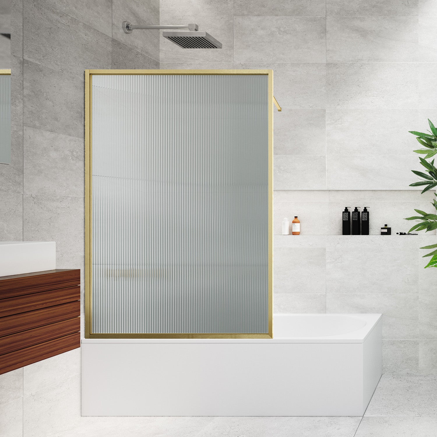 Aqua Velar Fluted Brushed Brass Bath Screen