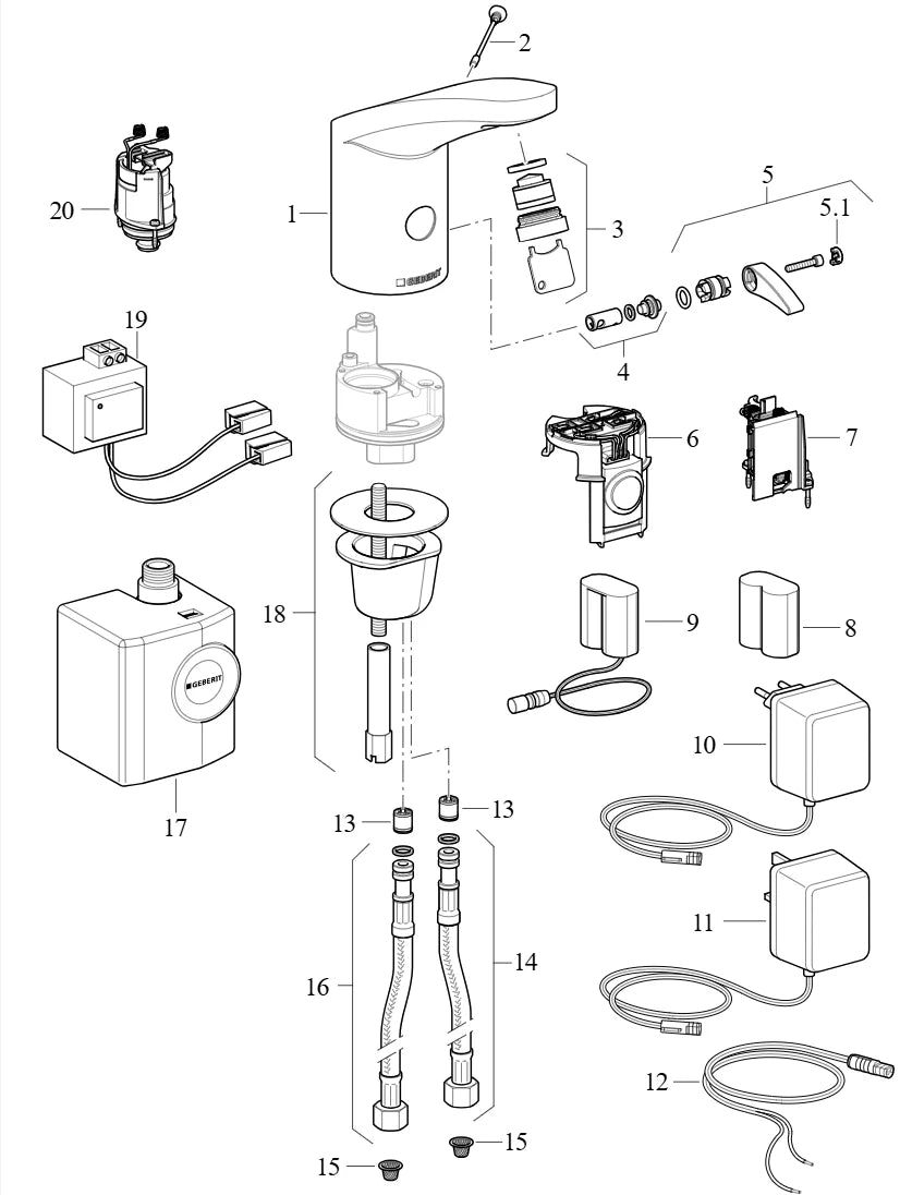 Geberit Washbasin tap type 185; battery operation: gloss chrome-plated Ideal Bathrooms
