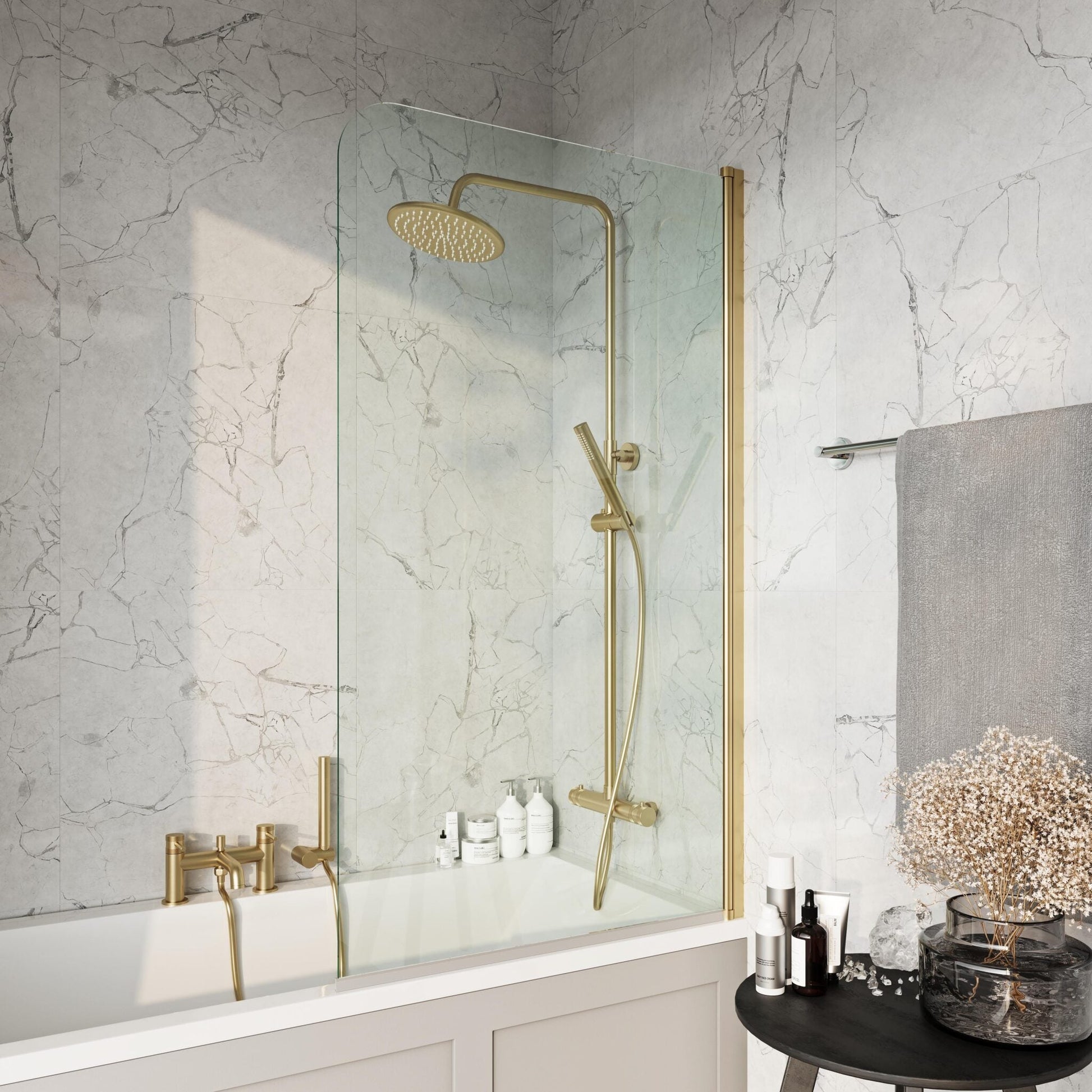 Scudo S6 Brushed Brass Radius Bath Screen HPS Hartlepool Plumbing Supplies