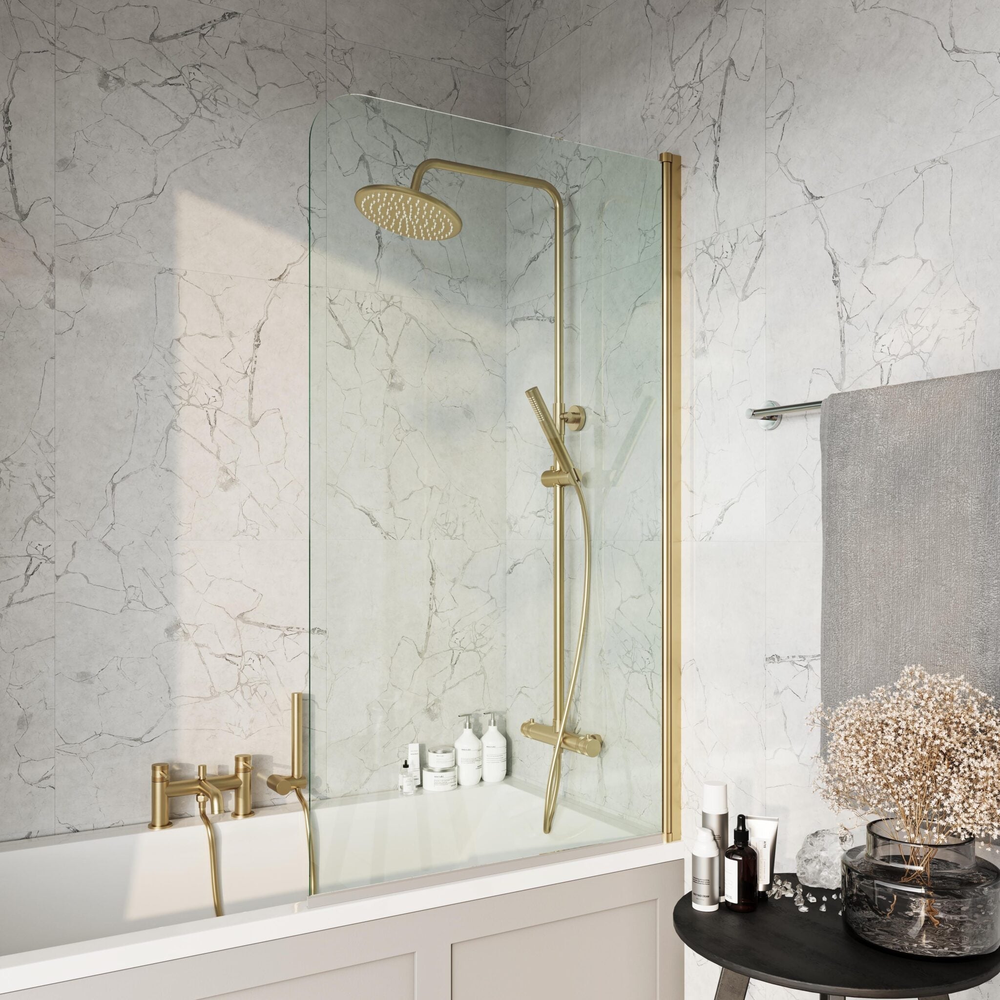 Scudo S6 Brushed Brass Radius Bath Screen HPS Hartlepool Plumbing Supplies