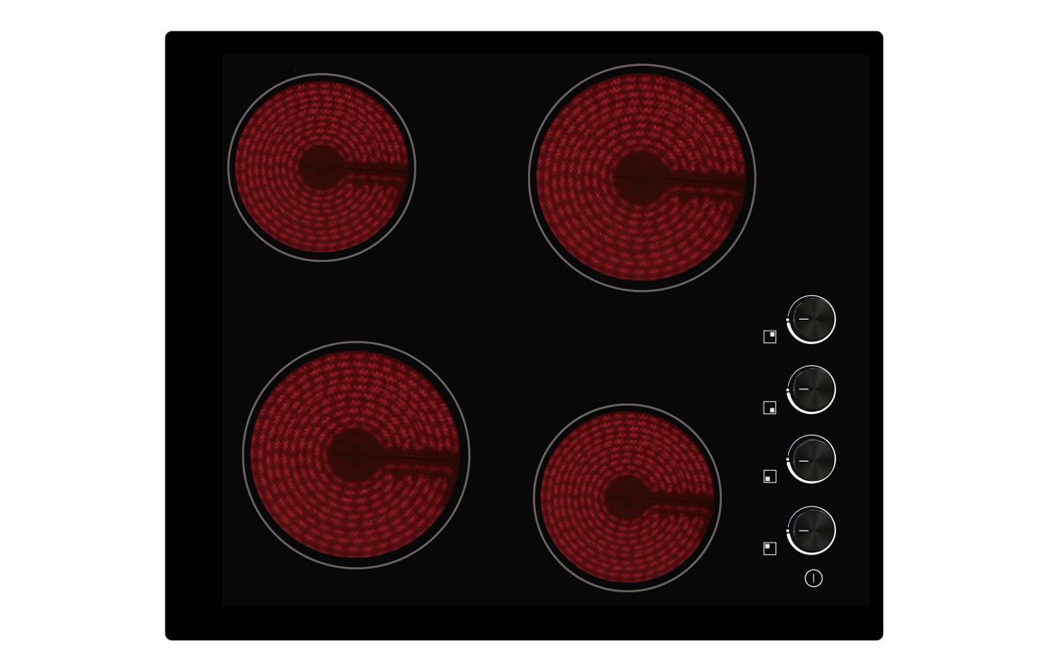 Electric cooktop with four red heating elements on a black background