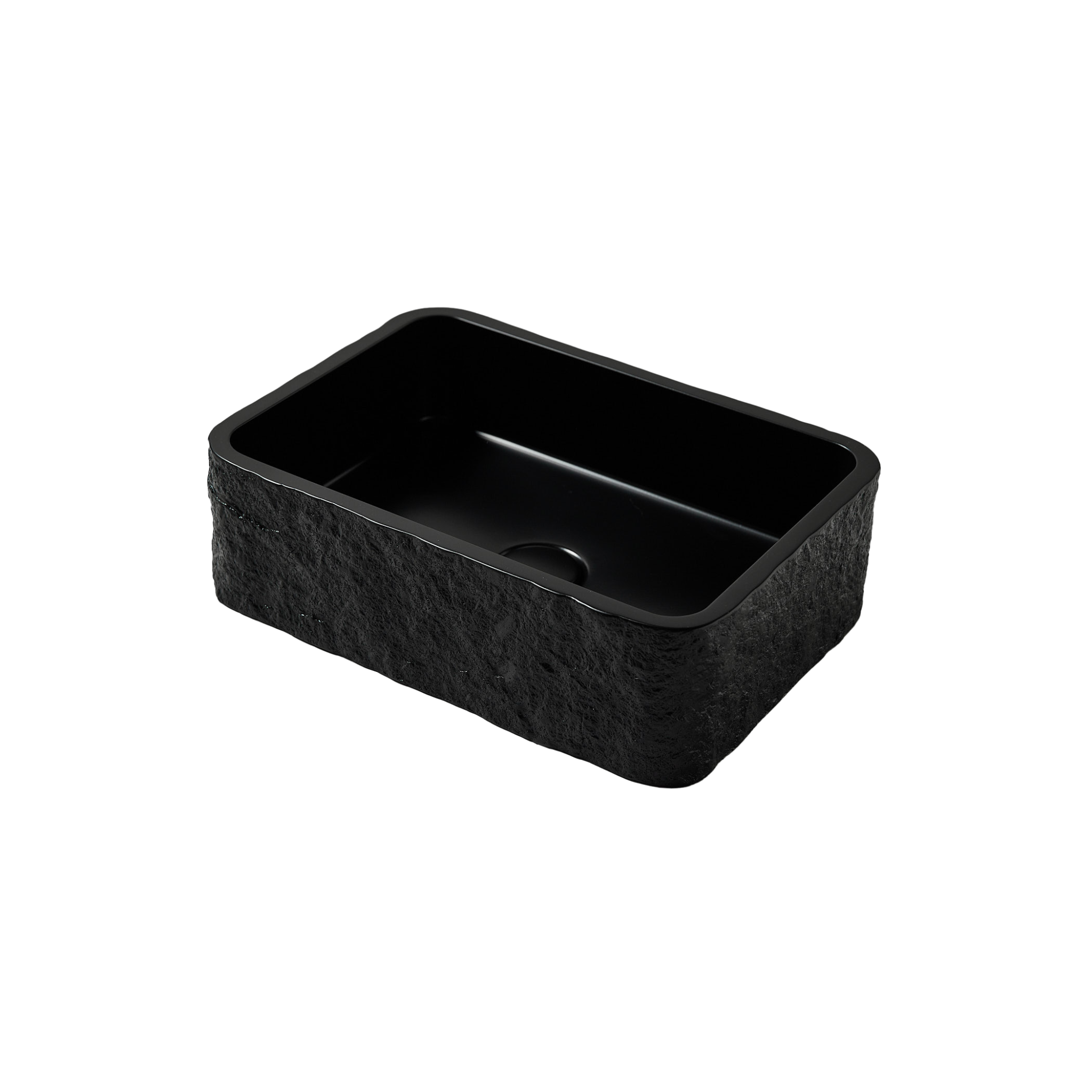 Black rectangular polymarble sink on a white background