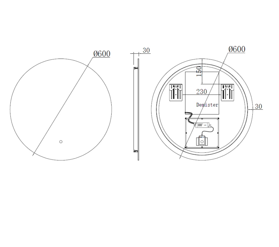 Technical drawing of a circular LED mirror with dimensions and labels