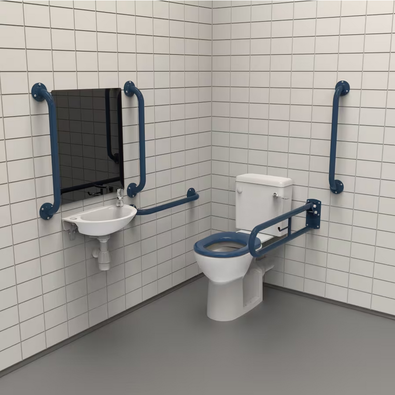 Accessibility features in a bathroom with grab bars, sink, and toilet.
