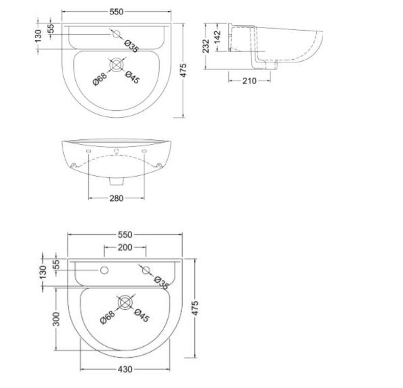 Technical drawing of a sink with dimensions